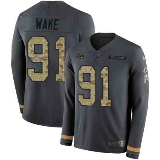 Nike Dolphins 91 Cameron Wake Anthracite Salute to Service Men s Stitched NFL Limited Therma Long Sleeve Jersey
